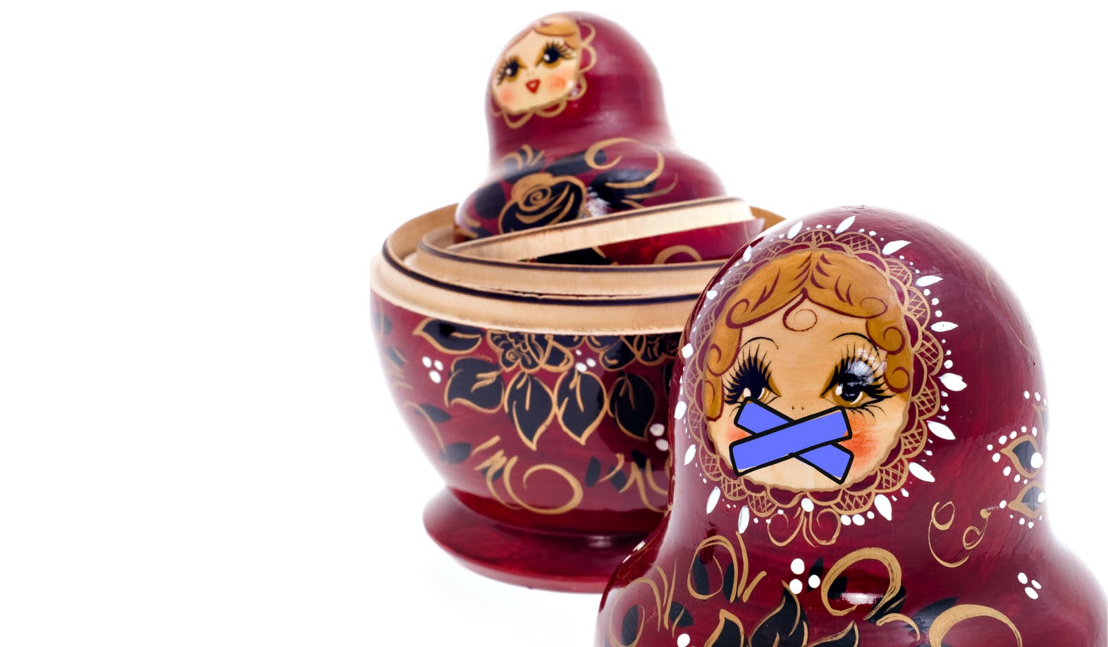 blogpost-image of a Russian babushka doll being silenced by an illustrated ducktape across her mouth