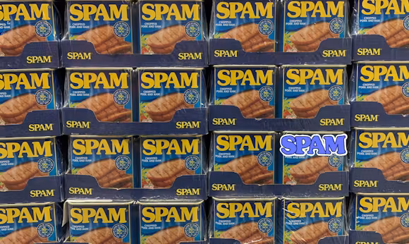 blogpost-image of stacked cans of spam with one illustrated word: spam