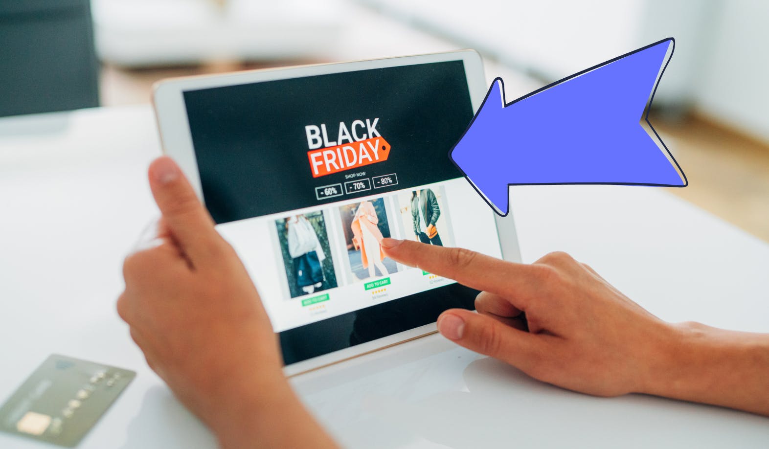 blogpost-image of an ipad displaying a Black Friday website with an illustrated arrow pointing to it
