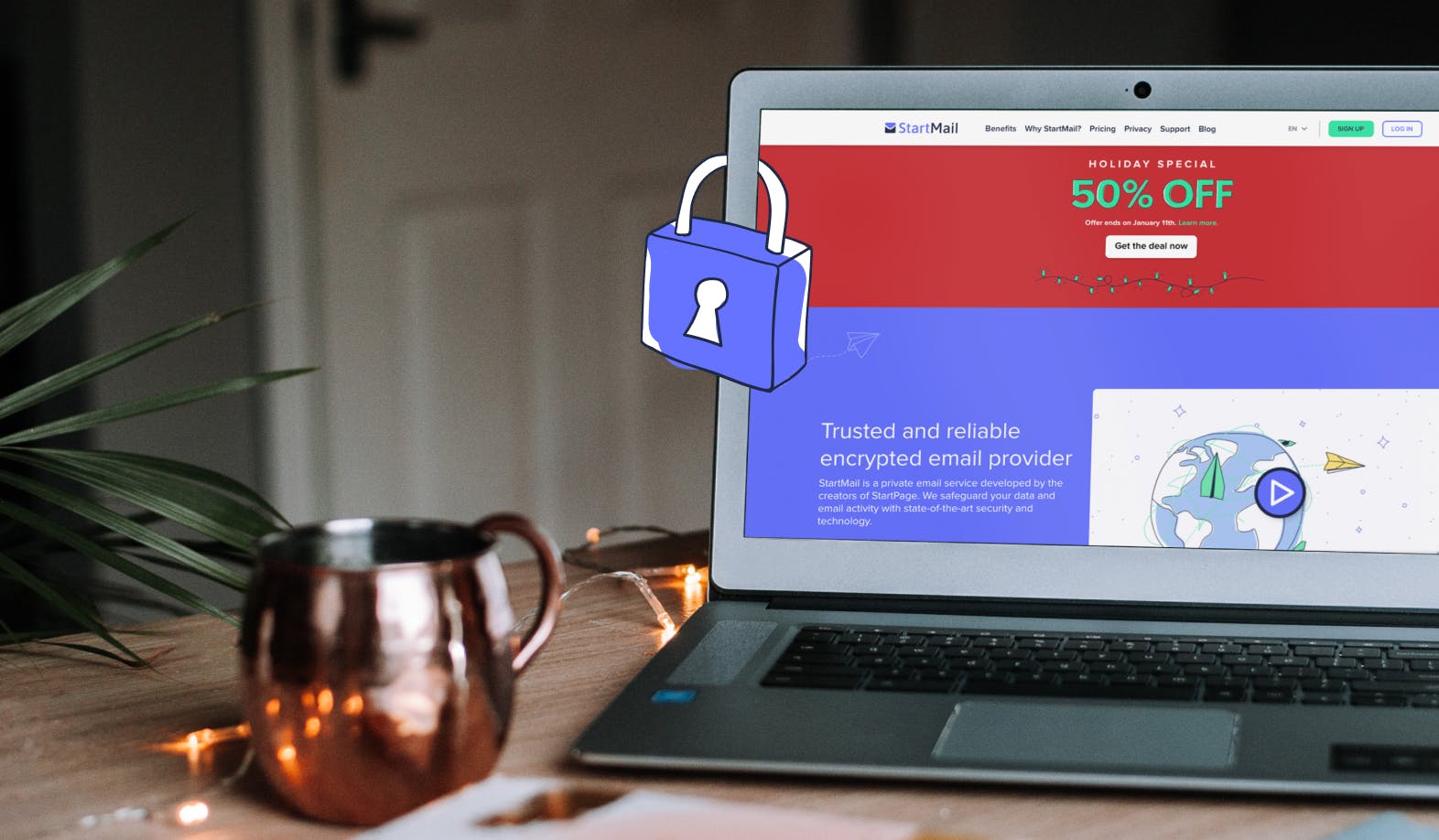 blogpost-image of a laptop displaying the StartMail website with a Holiday Special banner and an illustrated lock