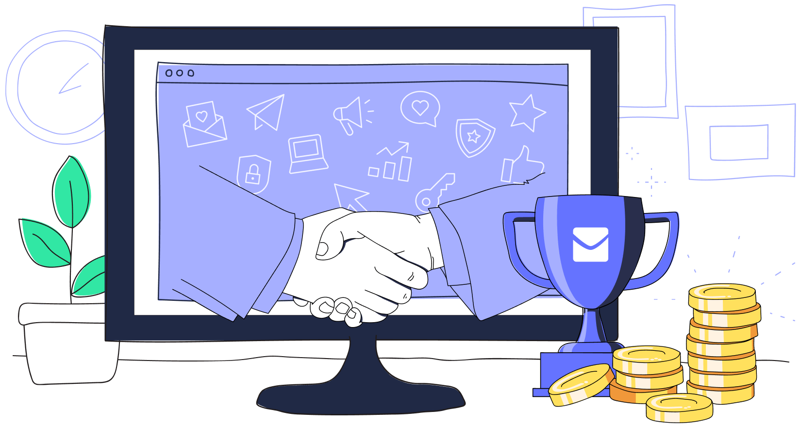 Illustration in the StartMail brand style, in the center a desktop displaying a handshake surrounded by privacy themed icons. On the left side of the desktop a plant and a clock. On the right side a trophy with StartMail's icon of an envelope, and a stack of coins.