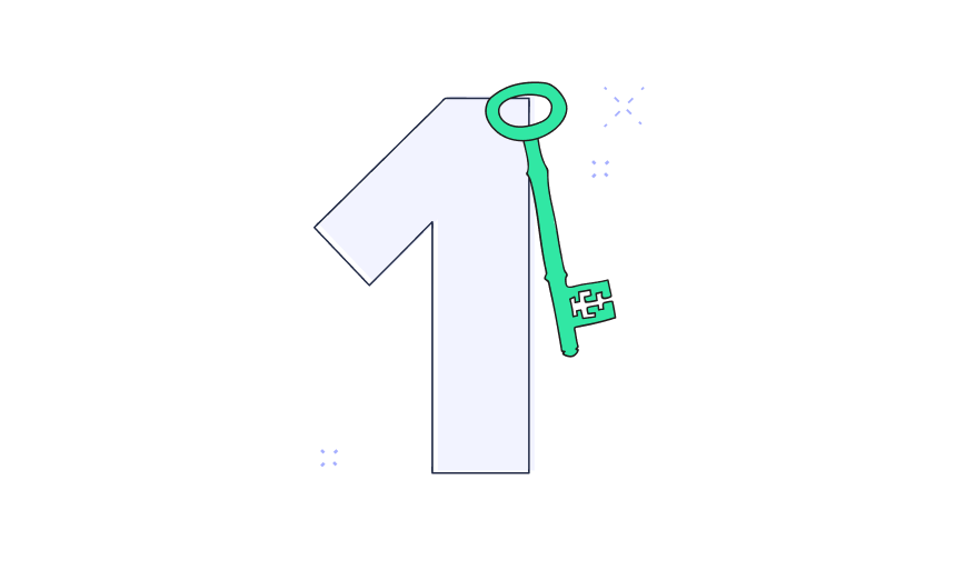 StartMail brand style illustrated number 1, with a green key representing encryption