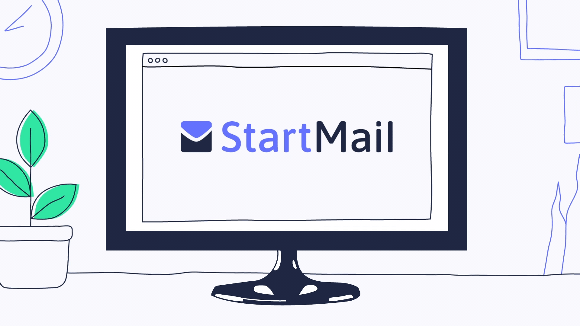 Short clip of the StartMail Video. An illustration of a desktop on a desk with a clock and a potted plant to the left and photo frames on the wall on the right. The desktop displays the StartMail logo. The content of the desktop gets folded into a paper plane, an illustrated hand grabs the paper plane and trows it back to the desktop. The paper plane is unfolded to the original image and displays the StartMail logo .