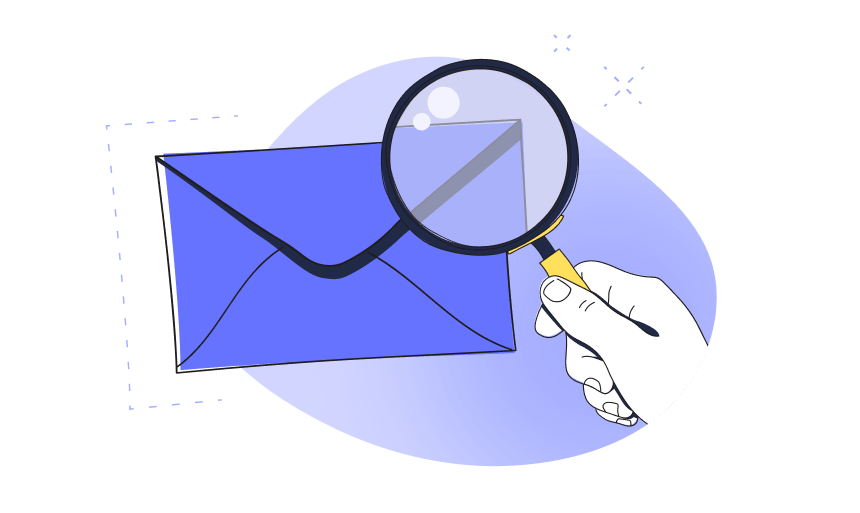 An illustration of a hand holding a magnifying glass, inspecting a closed envelope. Representing Big Tech trying to inspect your personal and private emails and StartMail protecting you against ads and tracking.