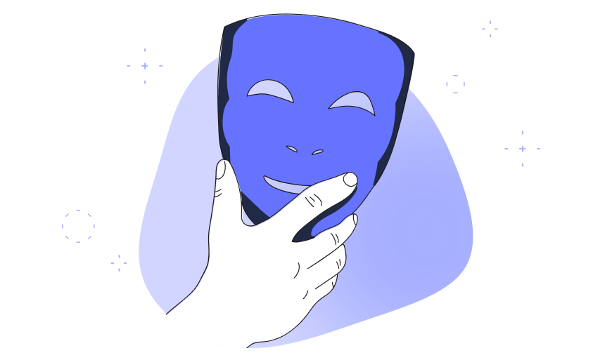 An illustration of a hand holding a mask. This mask represents unlimited StartMail email alias addresses to send emails anonymous and  protect your main email address.