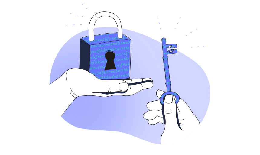 An illustration of one hand holding a lock which has an encryption code all over it. And a hand holding a key with the same encryption code. This image represents the email sender holding the lock and the email receiver holding the key. Only the receiver can unlock the lock (encrypted message).