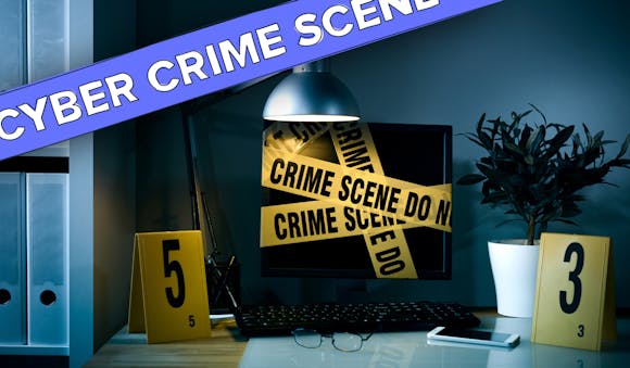 A photograph of a desk with office binders on the left. A desktop, keyboard, glasses and a phone in the middle. And a plant on the left. This working place is covered with yellow crime scene numbers and tape. The image has a dark and grim feel to it. The is also a StartMail brand illustration across the image in the StartMail blue color with the text 'Cyber Crime Scene'.