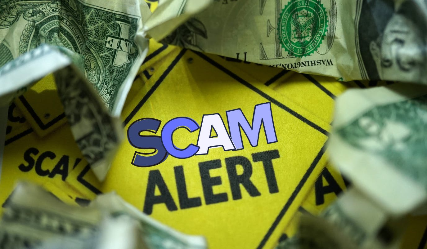 A photograph displaying crushed up doller bills. In the center of the image is a yellow sign with the text "Scam Alert". "Scam" has illustrated letters in the StartMail brand style.