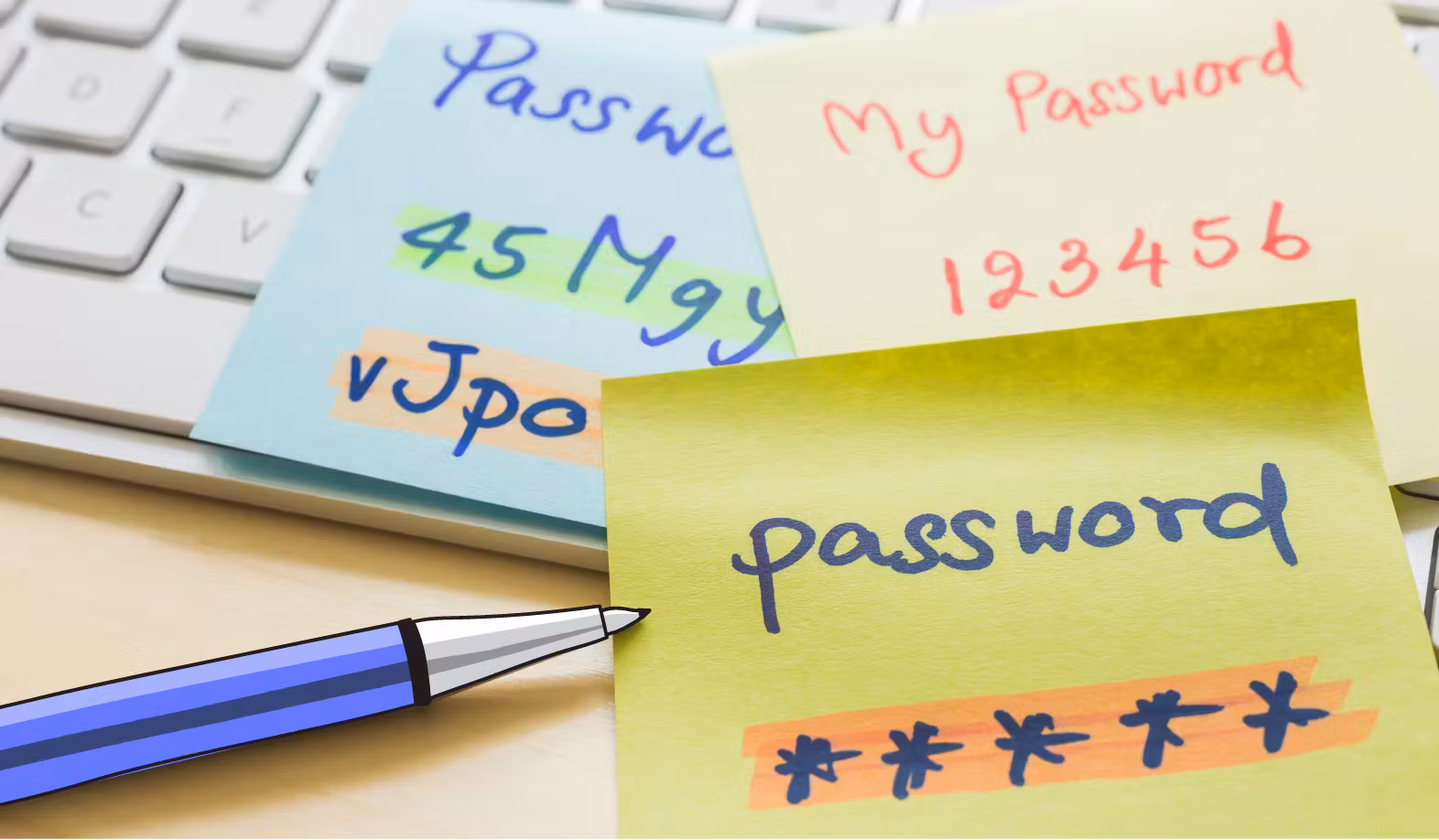 Close up photographic image of a keyboard with colourful sticky notes, displaying notes of different passwords. And on the left side, in the StartMail illustrated style, a StartMail-brand-blue pen.