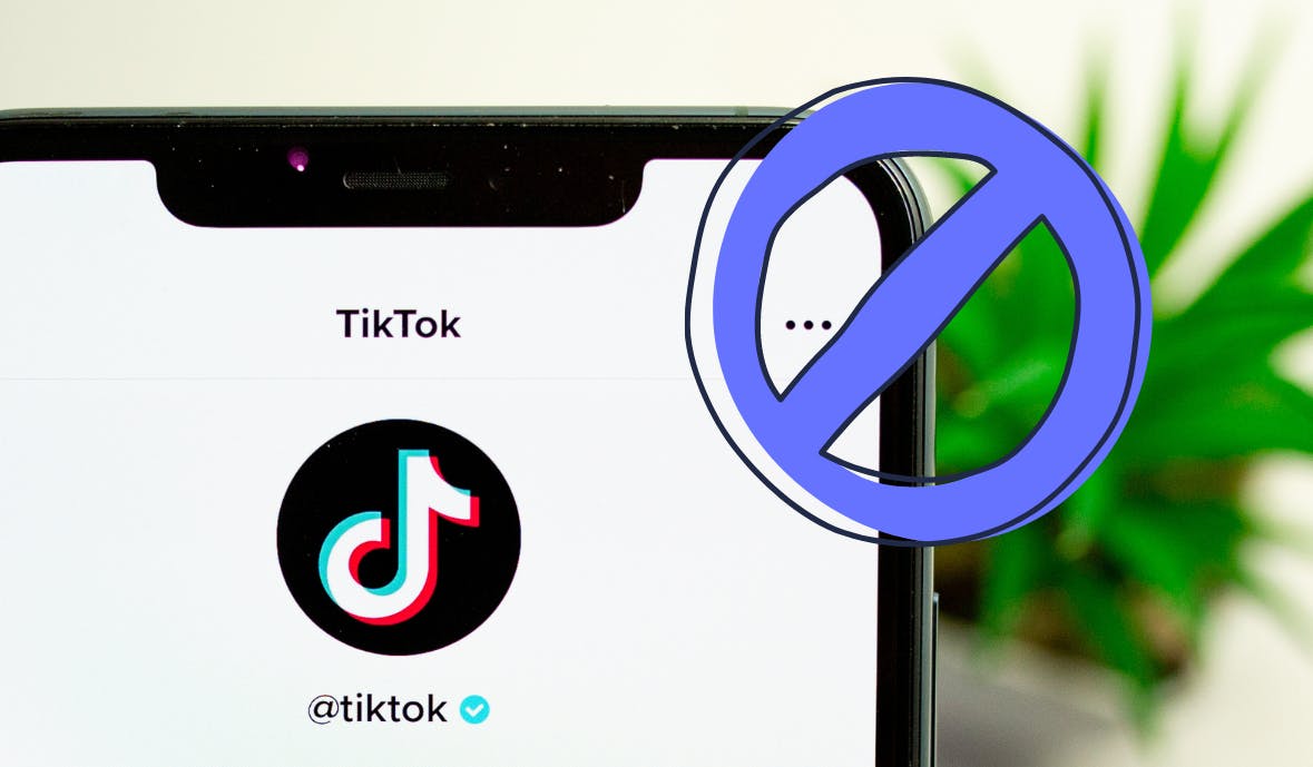 A mobile device showing the TikTok logo and app with a floating StartMail brand illustration of a stop sign, referring to the US and Canada's Ban on TikTok on Government Devices