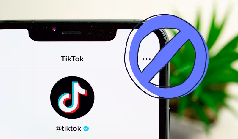 A mobile device showing the TikTok logo and app with a floating StartMail brand illustration of a stop sign, referring to the US and Canada's Ban on TikTok on Government Devices