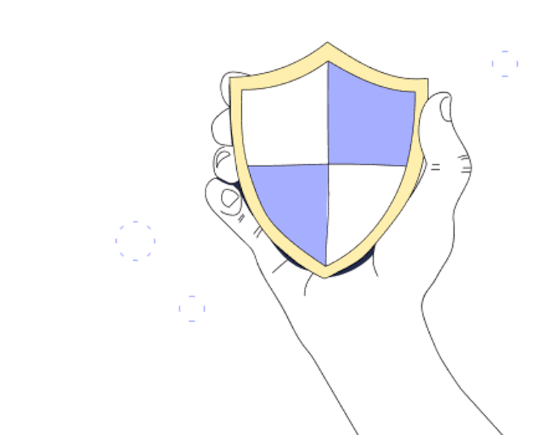 In the StartMail brand style an illustration of a hand holding a security badge, representing StartMail's Security features