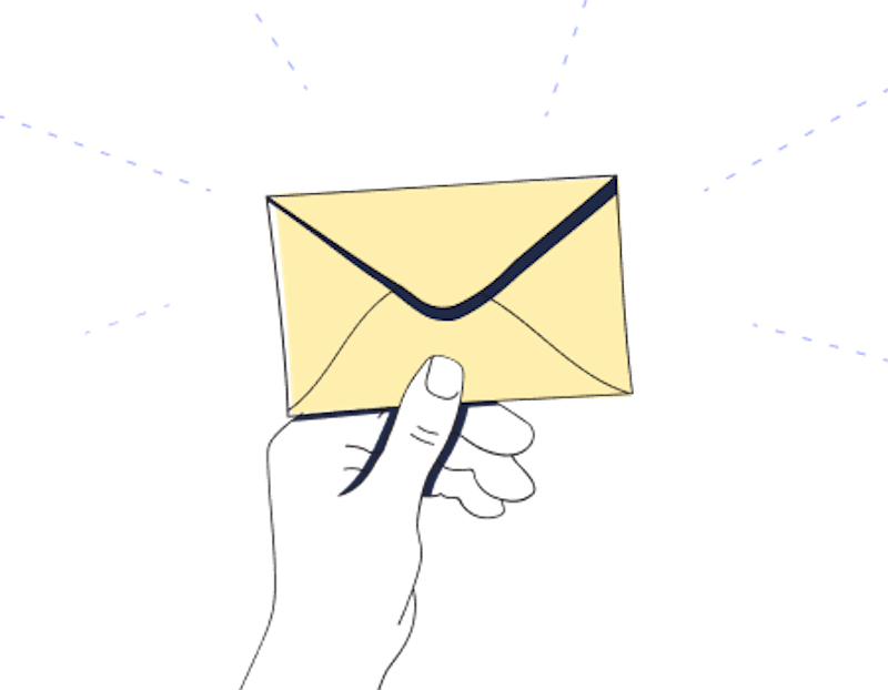 In the StartMail brand style an illustration of a hand holding a yellow envelope, representing StartMail's simplified workflow features