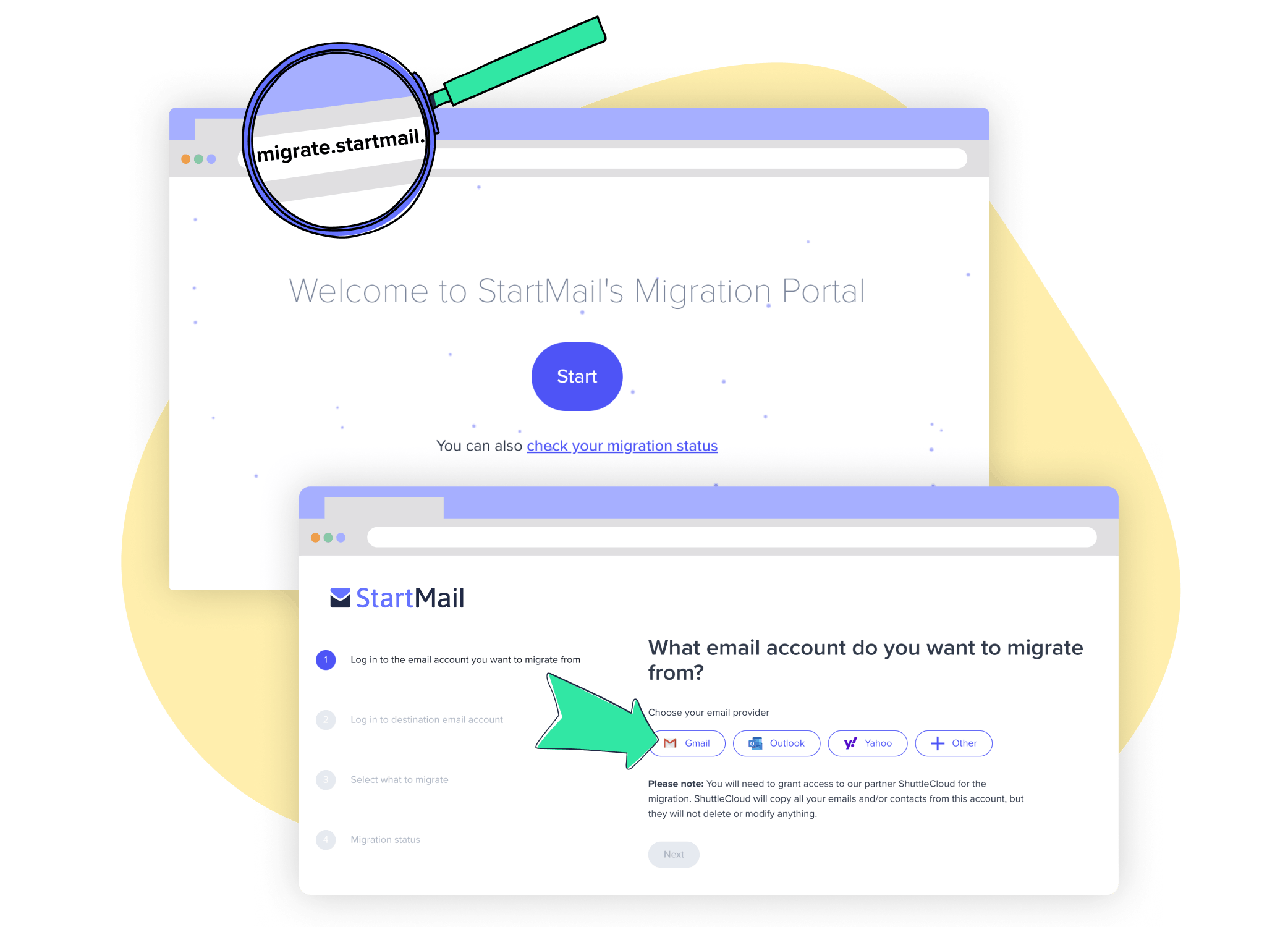 Two StartMail interfaces, the first says 'Welcome to StartMail's Migration Portal. The second says 'What email account do you want to migrate from? It shows different logos from email clients, such as Gmail, Outlook and Yahoo.