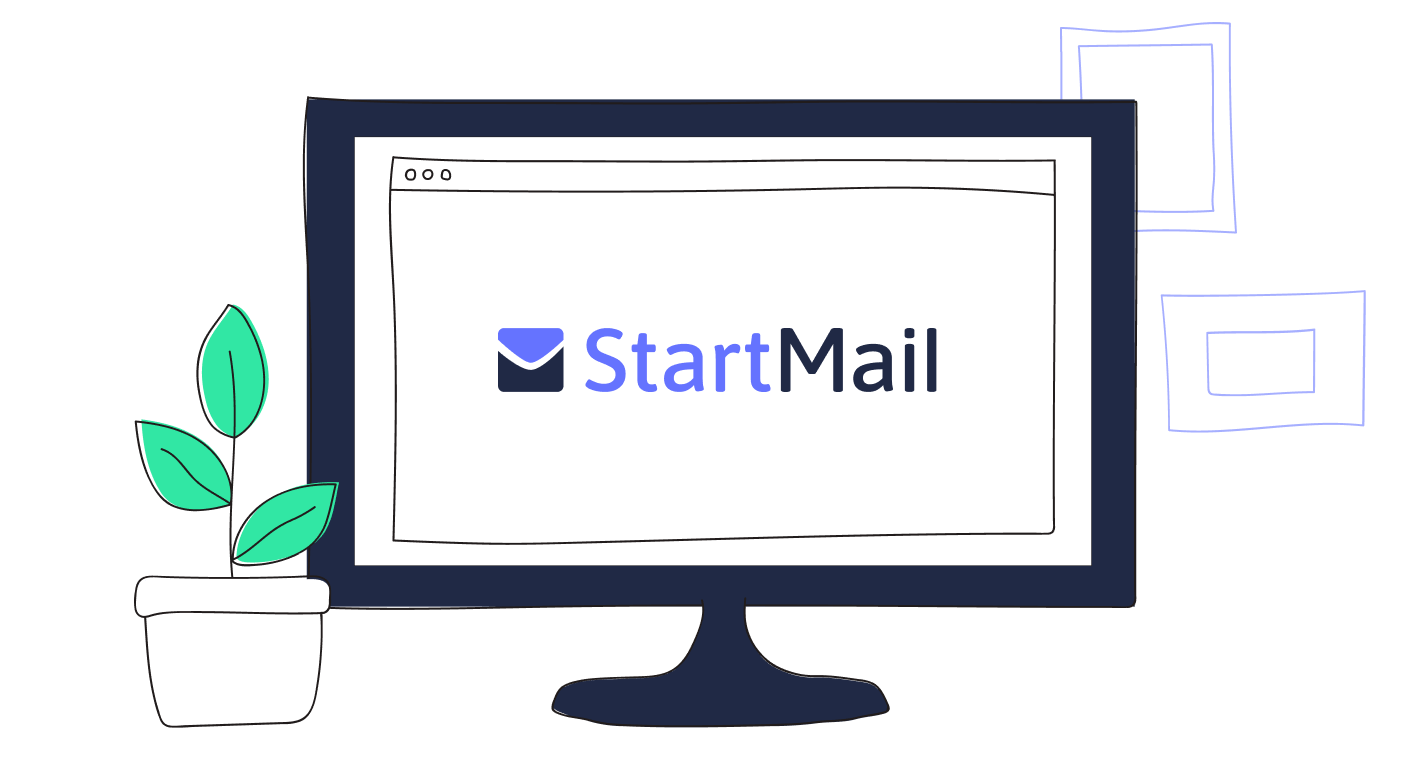 A illustration of a desktop displaying the StartMail logo, on the left is a small plant on the the right two picture frames on the wall