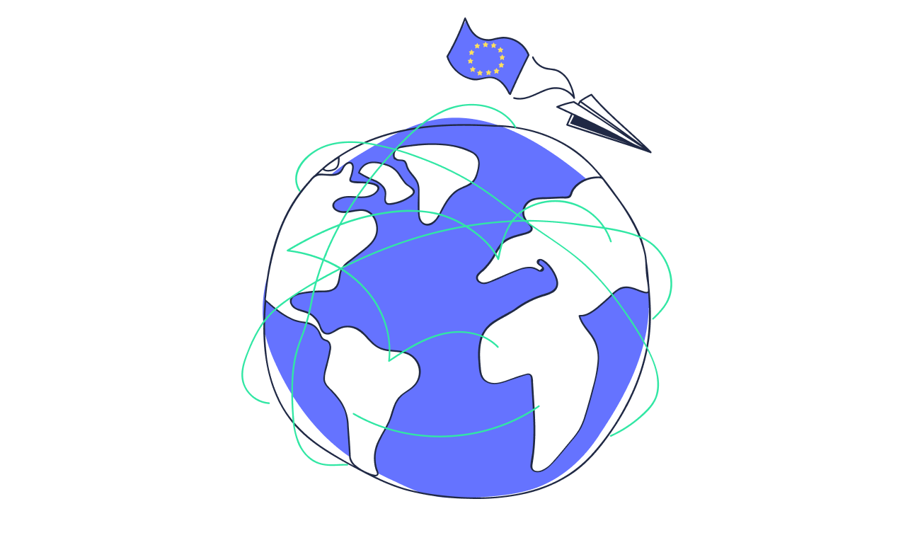 Illustration of the globe, with a paper plane. Attached to the paper plane is a European flag