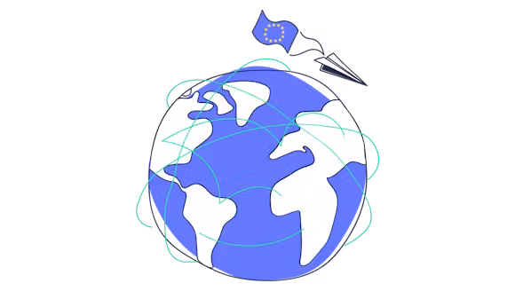 Illustration of the globe, with a paper plane. Attached to the paper plane is a European flag