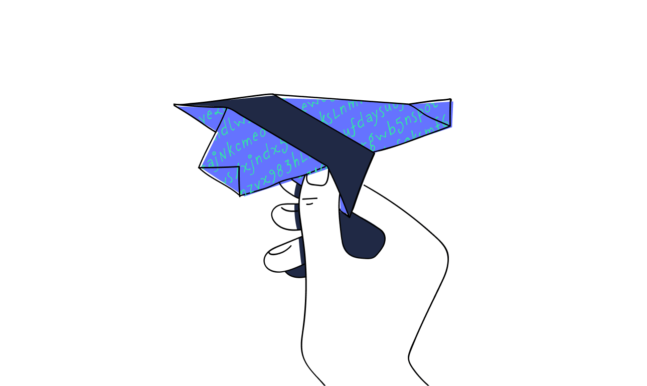 illustration of a hand holding a blue paper plane, filled with green encryption text