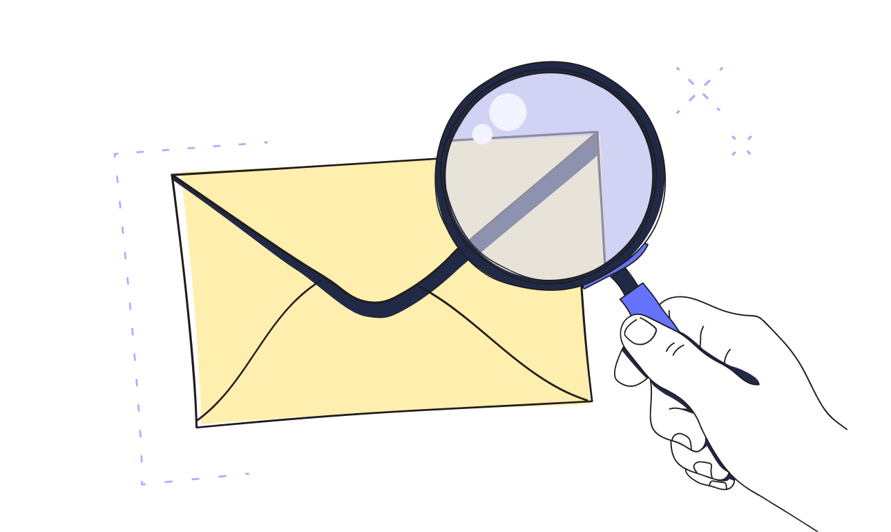 illustration of a yellow envelope and a hand holding a magnifying glass, inspecting the envelope representing an email