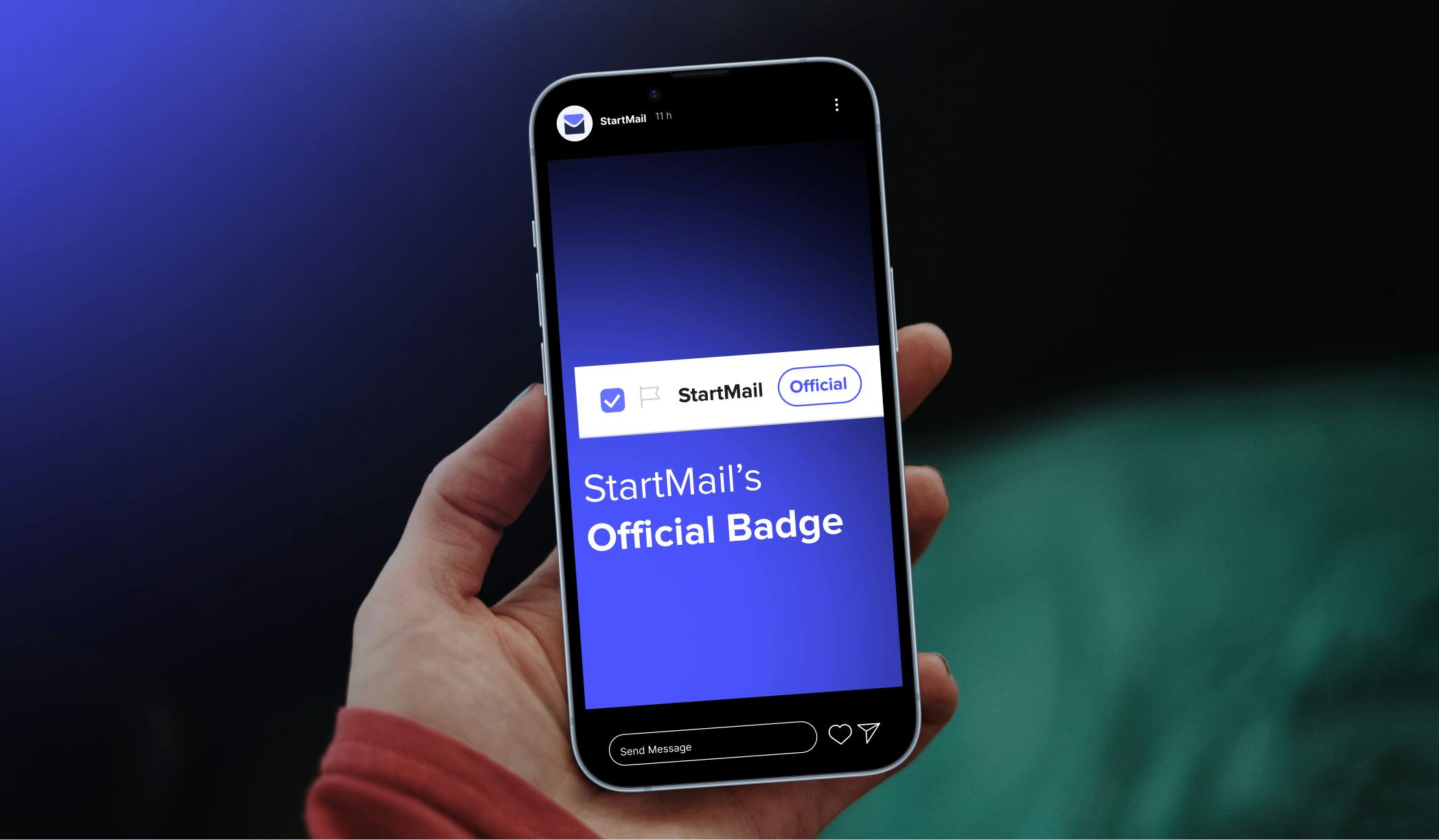 A hand holding a mobile phone displaying StartMail's Official Badge interface and the text 'StartMail's Official Badge'.