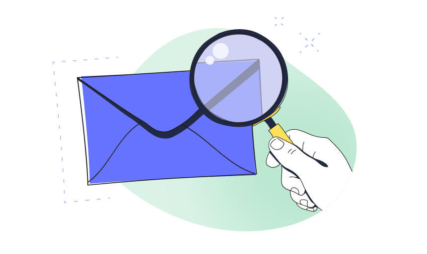 illustration of an envelope with a hand holding a magnifying glass