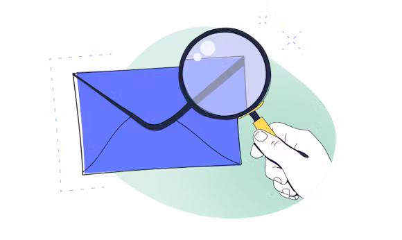 illustration of an envelope with a hand holding a magnifying glass