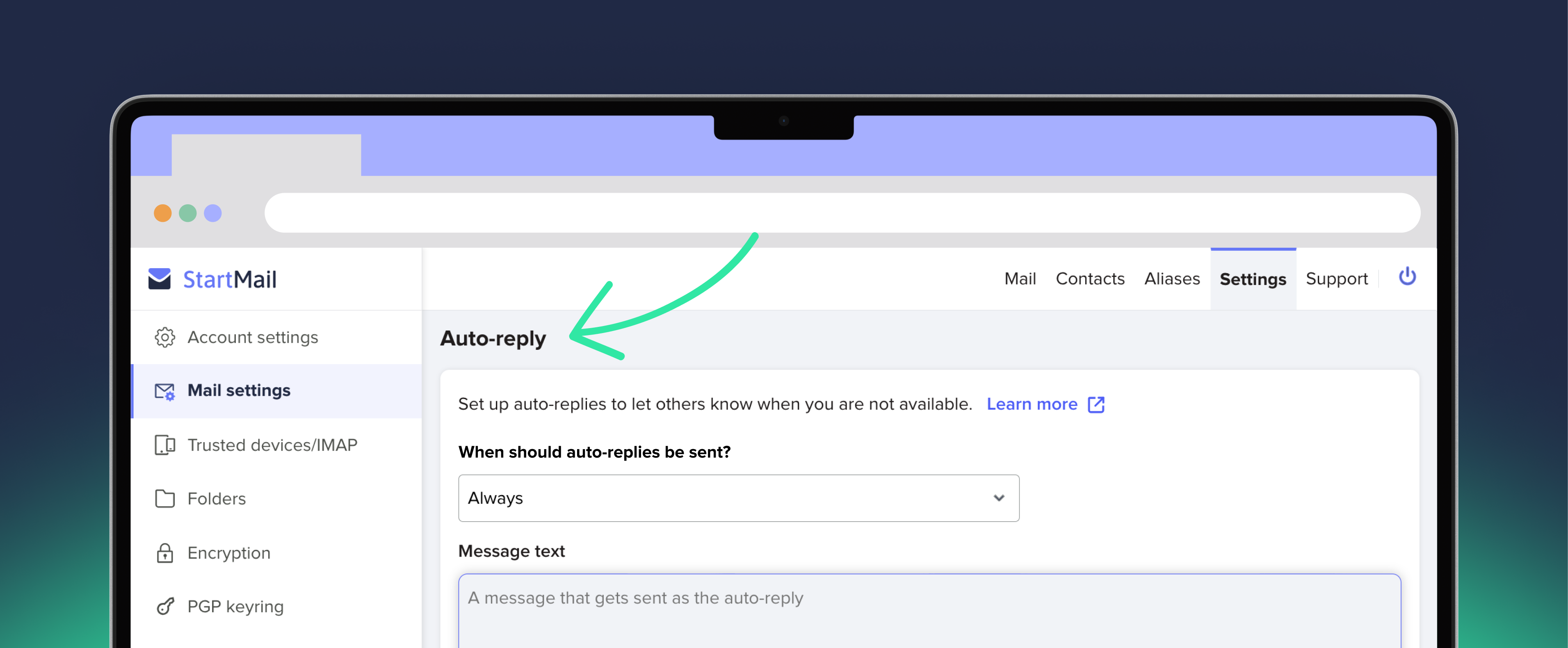 StartMail interface of Auto-reply in Mail Settings