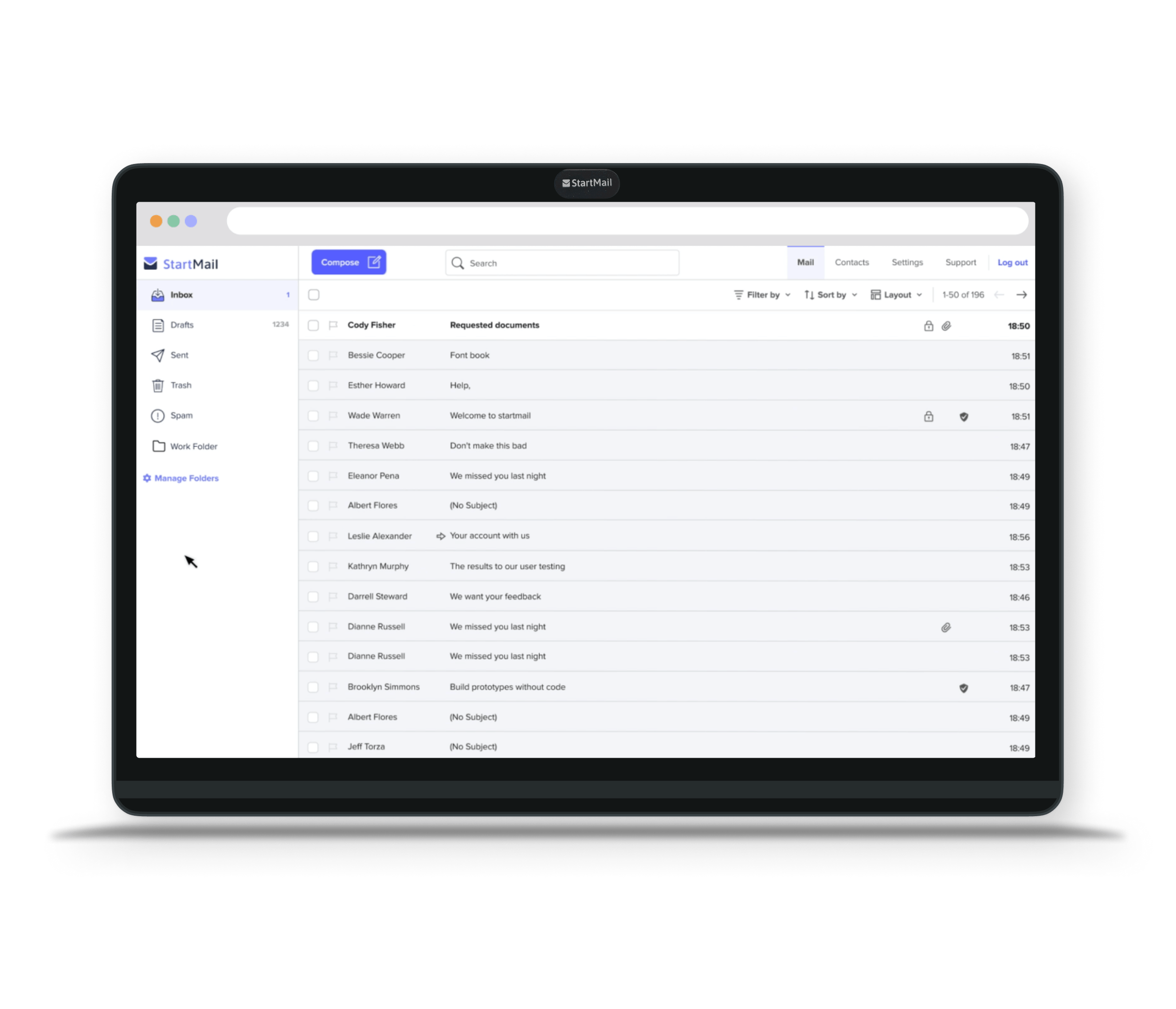 A tablet displaying StartMail's interface of an inbox