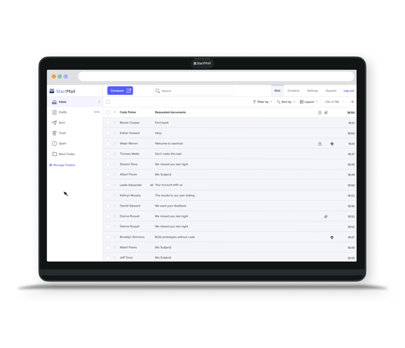 A tablet displaying StartMail's interface of an inbox