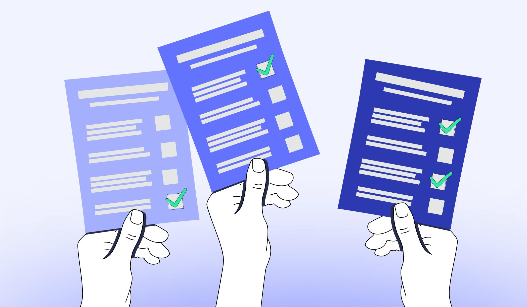Illustration of 3 hands holding a survey with checkmarks