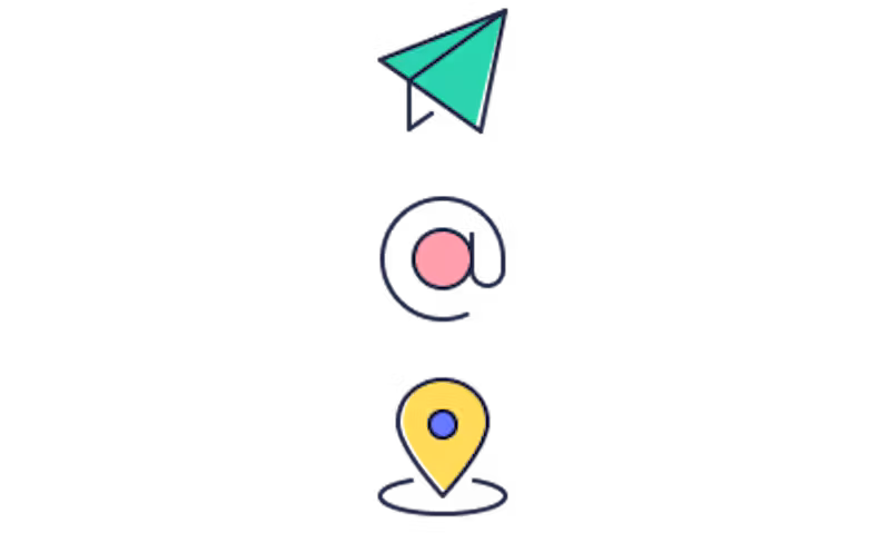 Icons of a paper plane, an email @ and a location pin to represent contact information