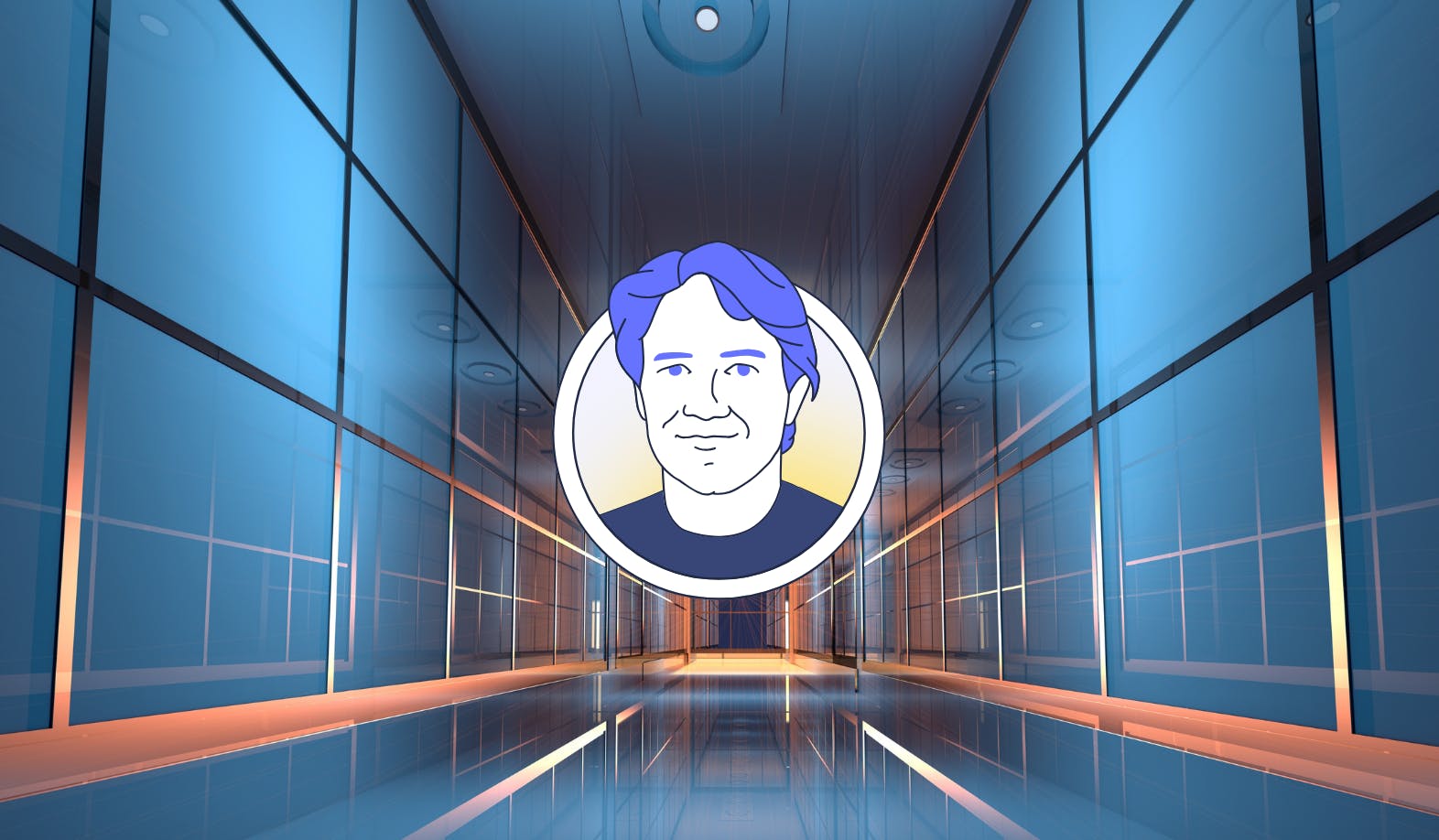 Blog post image of a hallway in an office with a StartMail illustration of StartMail's CEO Robert Beens