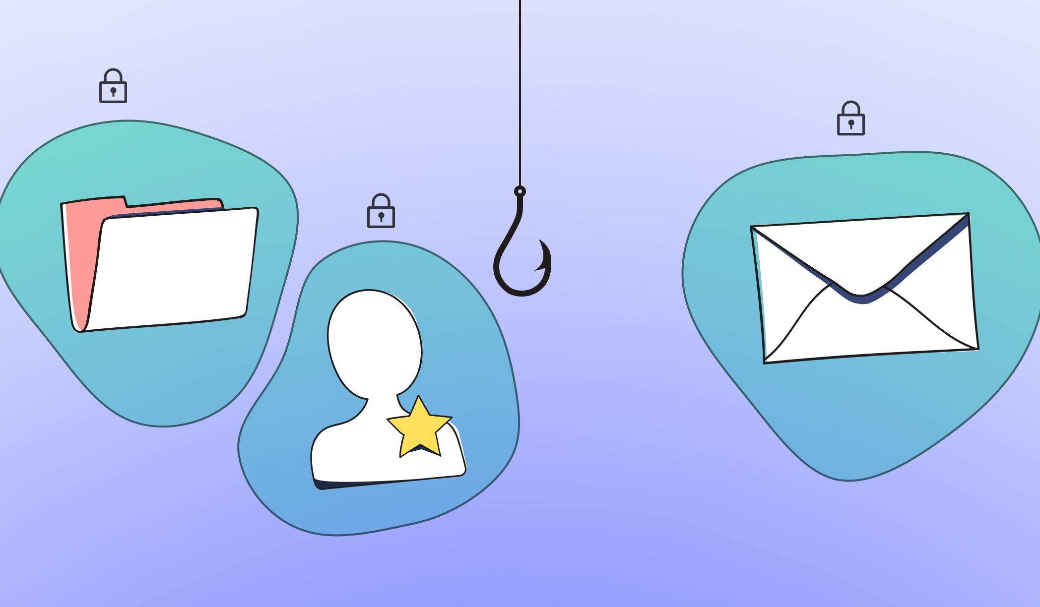 Blogpost illustration of a fishing hook in the centre, surrounded by 3 floating blobs with an illustration of an envelope (email), contacts and folders all secured and locked by StartMail so the hook can't catch them.