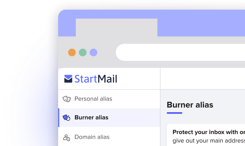 A screenshot of StartMail's interface of the different email Aliases; Custom aliases, Burner aliases, and Domain aliases.