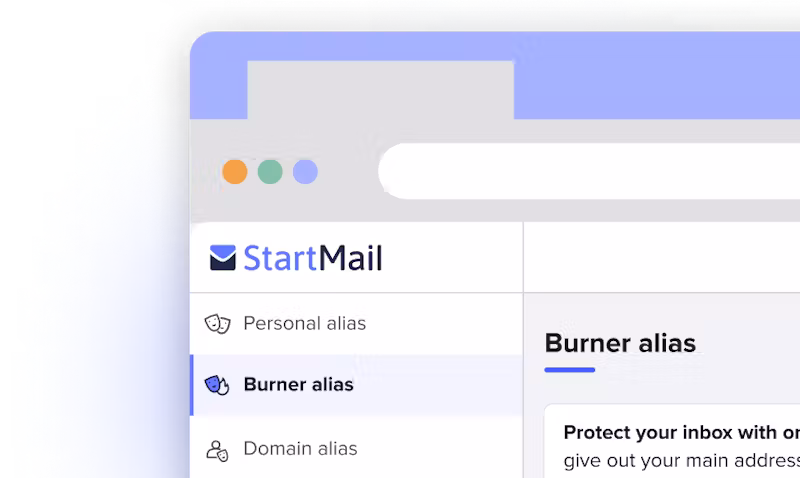 A screenshot of StartMail's interface of the different email Aliases; Custom aliases, Burner aliases, and Domain aliases.