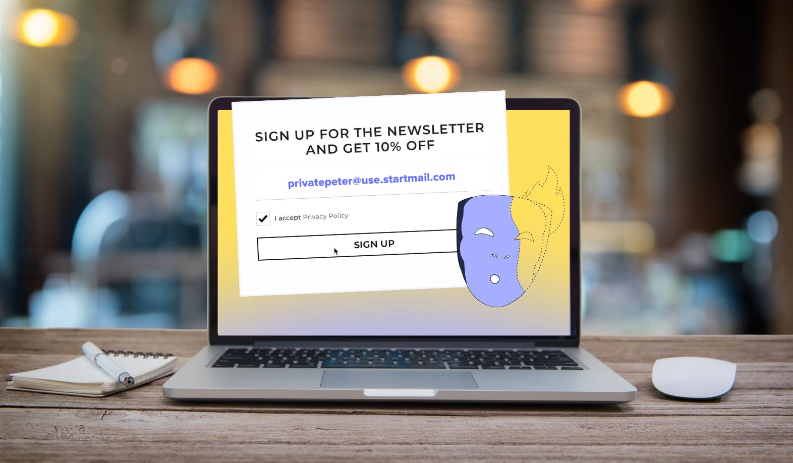 The image shows a laptop. On the screen you see a newsletter sign up form that promises a 10% discount if an email address is shared. On top of the sign up form you see a StartMail illustration of an email alias mask.
