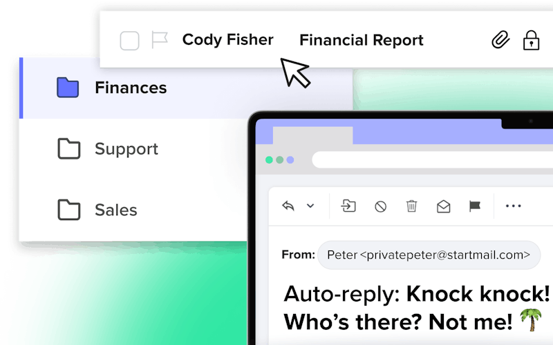 A section of an email interface in StartMail showing folders labeled Finances, Support, and Sales on the left. The email header displays 'Cody Fisher' and 'Financial Report' with icons for attachment and encryption. Below, an email from Peter (privatepeter@startmail.com) with an auto-reply message: 'Knock knock! Who's there? Not me!' is visible.