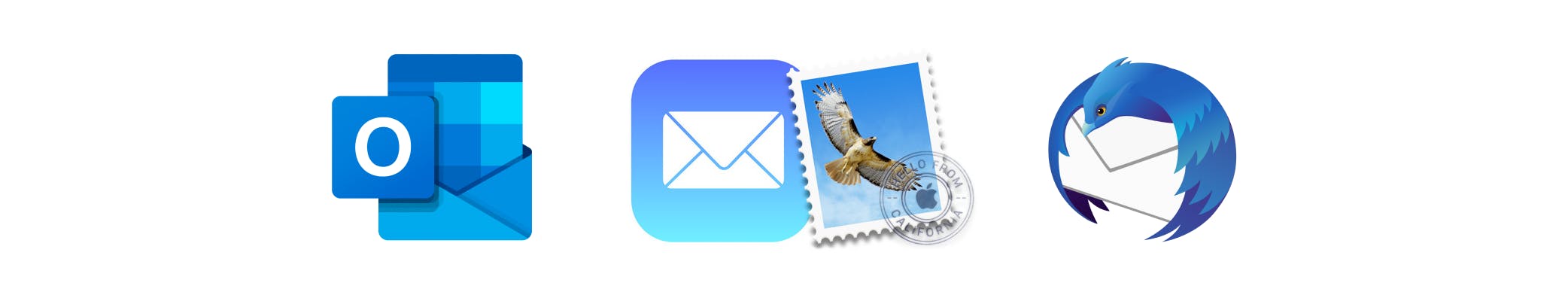 Logo's of IMAP options. First logo: Outlook, second logo the new logo for Apple Mail and the old logo for Apple Mail, and the third logo: Thunderbird.