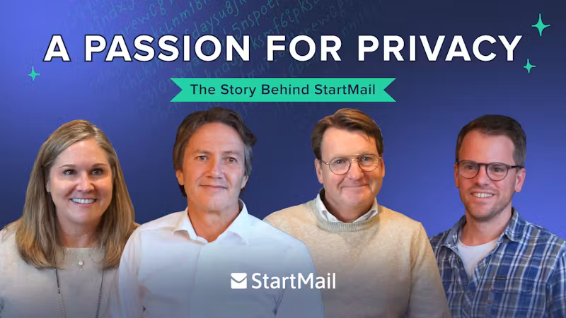 Thumbnail image for the video titled 'A Passion for Privacy: The Story Behind StartMail.' The image features four members of StartMail's leadership team: Sally, Robert, Alex, and Ronald, who appear in the video to discuss the origins of StartMail and the importance of email privacy.