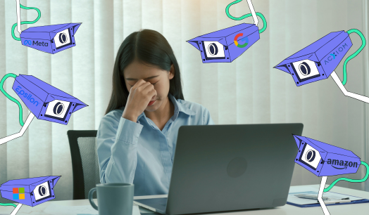 A frustrated woman sitting at a laptop, clutching the bridge of her nose, as six animated surveillance cameras watch her. The cameras have the logos of Meta, Google, Acxiom, Epsilon, Microsoft, and Amazon on them.