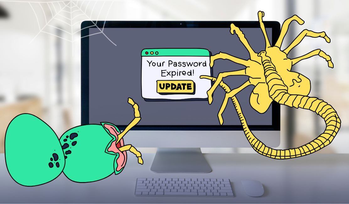 A computer has an alien face hugger attached to it and shows an "expired password" pop up window while sitting next to more alien eggs