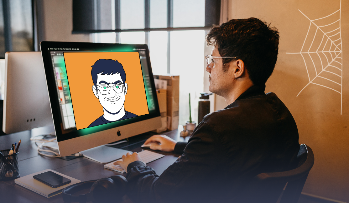 A man sits at a computer with a video call window open. Inside the window is an evil version of himself staring back at him.