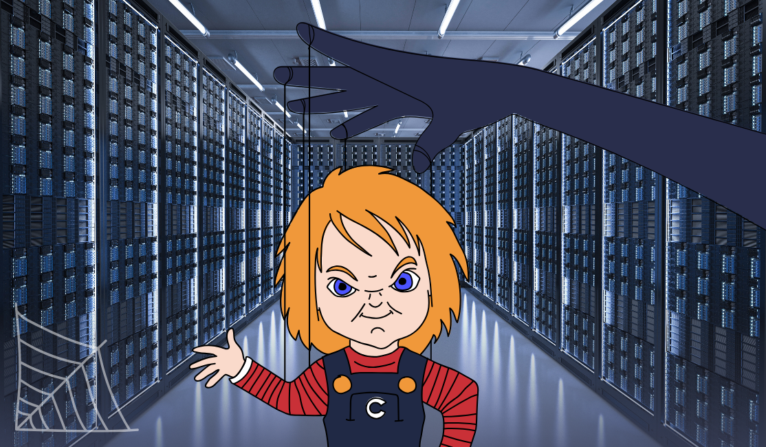 A mysterious, shadowy hand pulls on the strings of an evil doll while inside of a room of servers