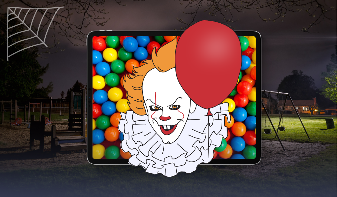 An evil, predatory clown offers a red balloon from inside a child's tablet device