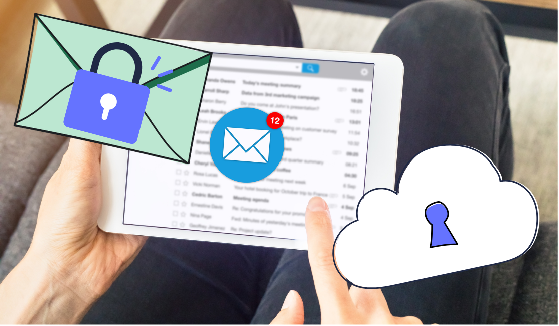 A person browses through their inbox on a tablet while two icons float around it to show that their messages and cloud storage remain secure