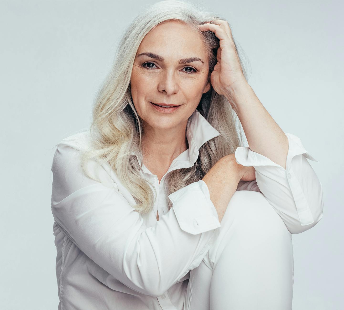 middle-aged woman with white hair