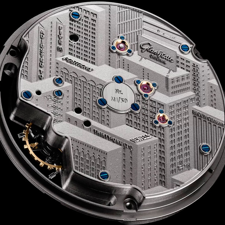 Newsbildergalerie Glashütte Original PanoInverse Uhrwerk von hinten mit "Skyline-Gravur"