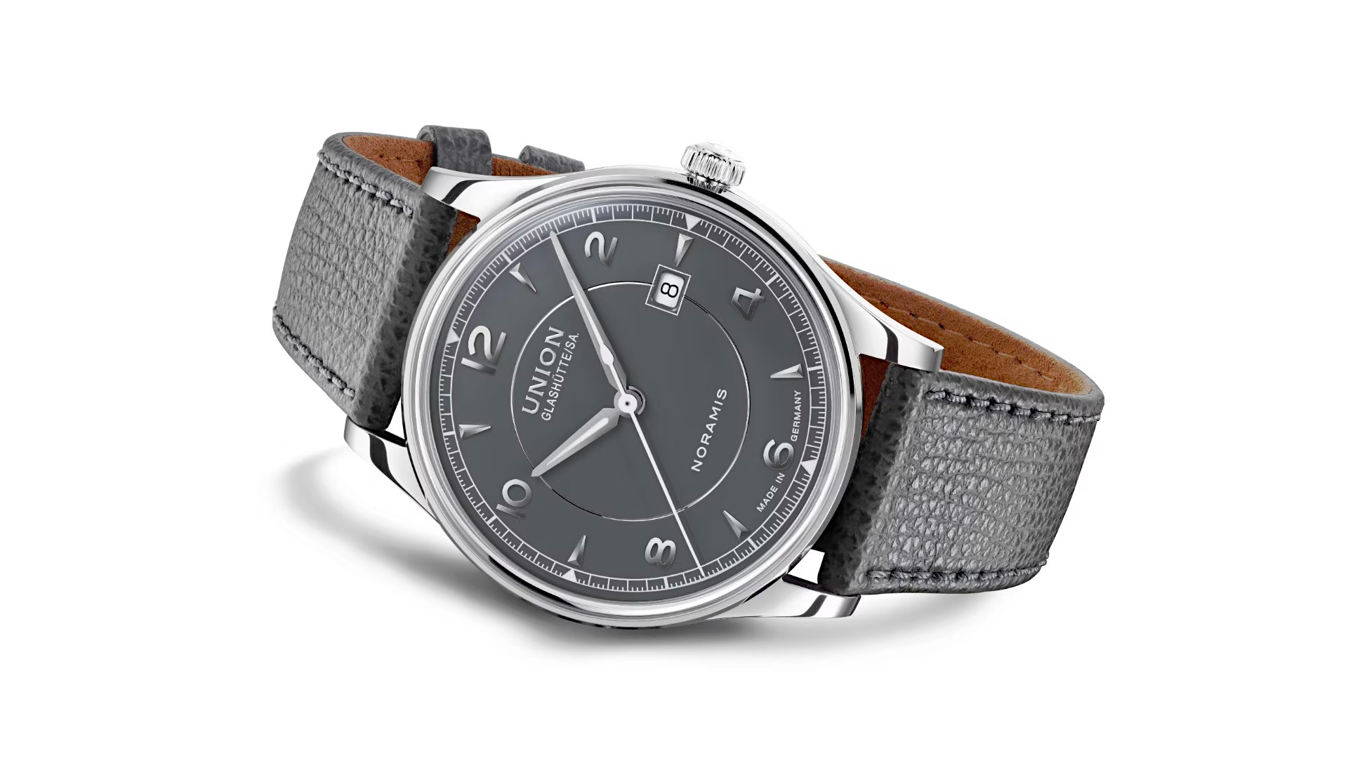 Newsgalerie Union Noramis mit Datum - das Modell mit grauem Zifferblatt auf weißem Hintergrund