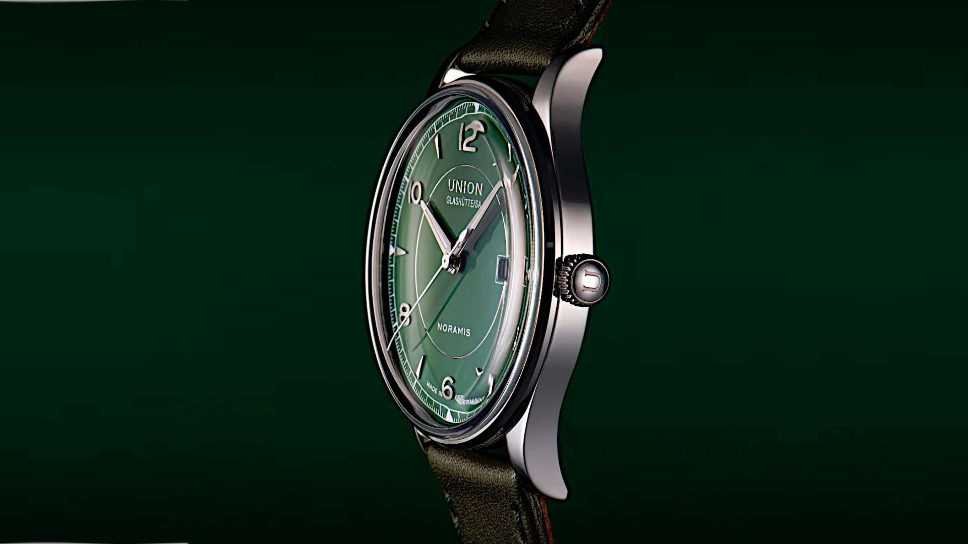 Newsgalerie Union Noramis mit Datum - das Modell mit grünem Zifferblatt auf grünem Hintergrund