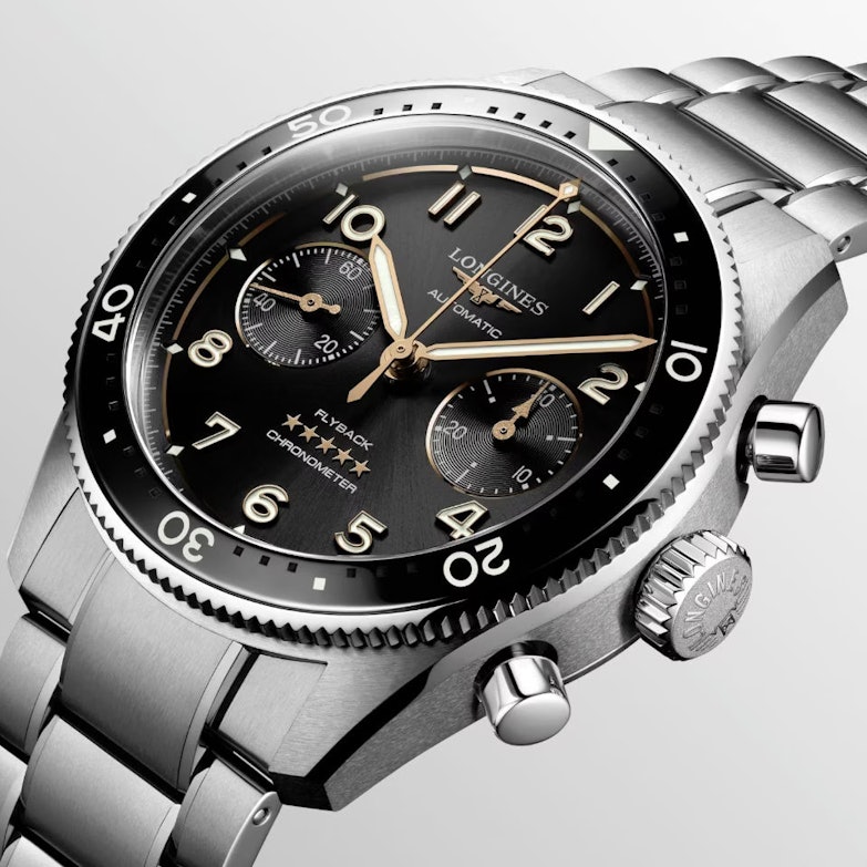 Longines Spirit Flyback Chronograph Automatik Edelstahl 42mm schwarzes Zifferblatt Metallband